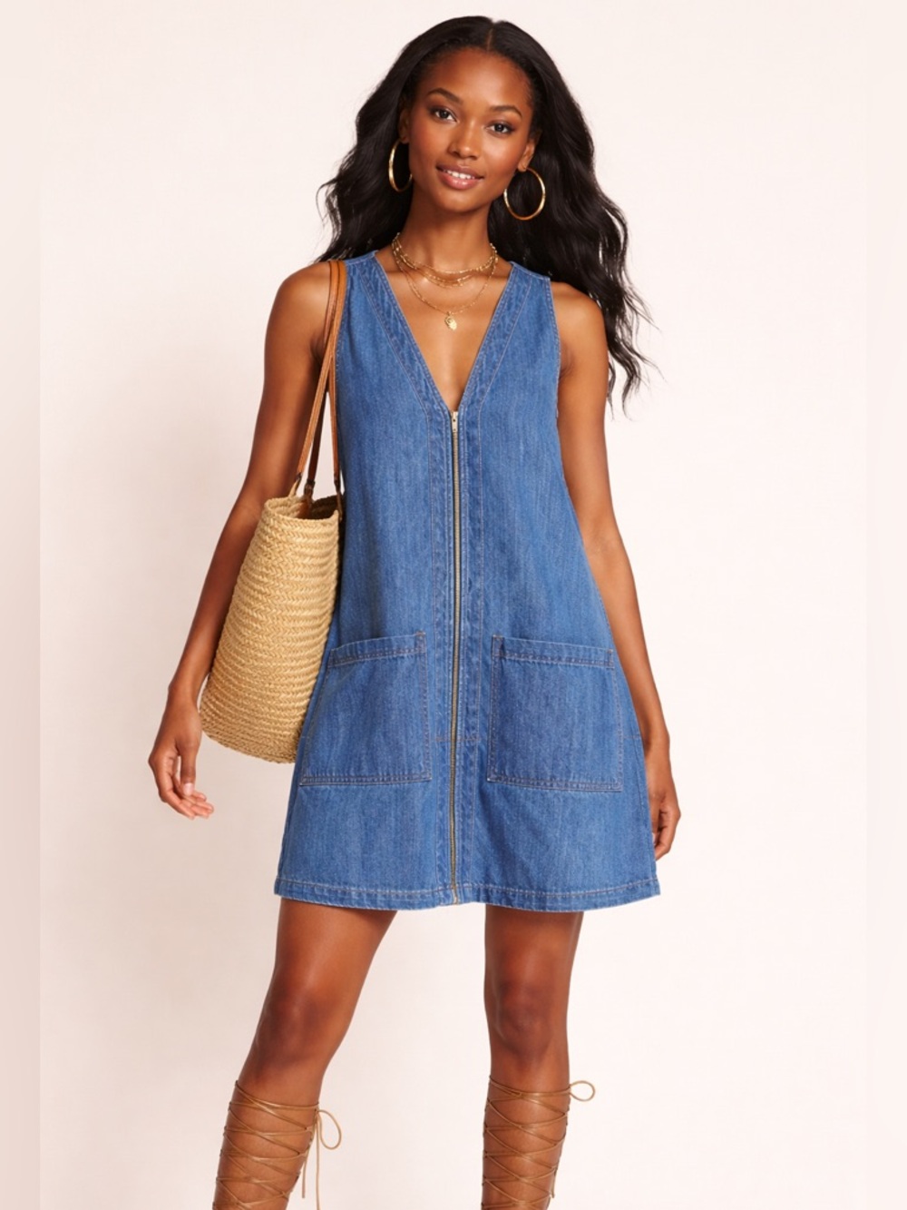 FREE ASSEMBLY DENIM ZIP FRONT JUMPER DRESS MEDIUM WASH CASUAL MINI SIZE S